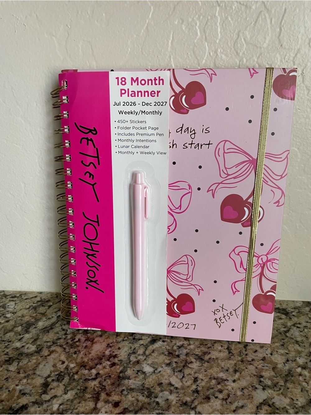 Betsey Johnson Pink Heart & Bow 18 Month Planner with Gold Elastic